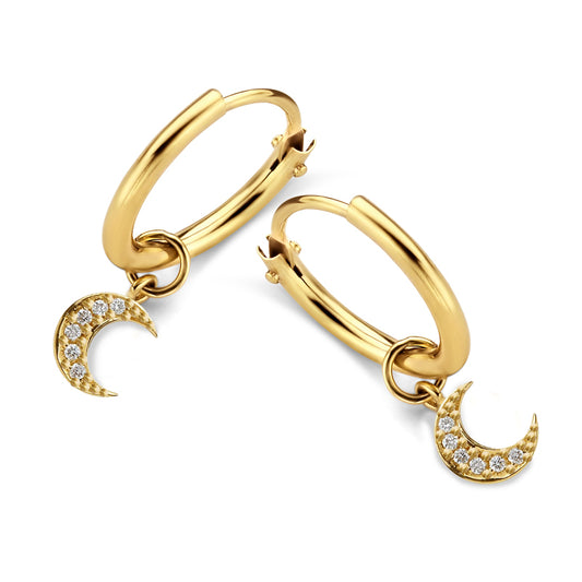 Creolen mit Anhänger Halbmond 10 Zirkonia Gold 585/000